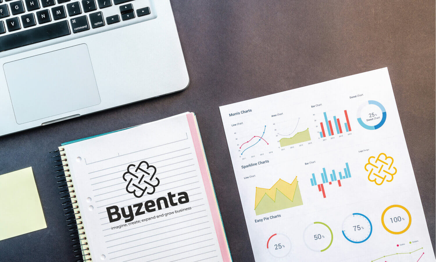 a notebook and a laptop next to Byzenta Agency Logo.